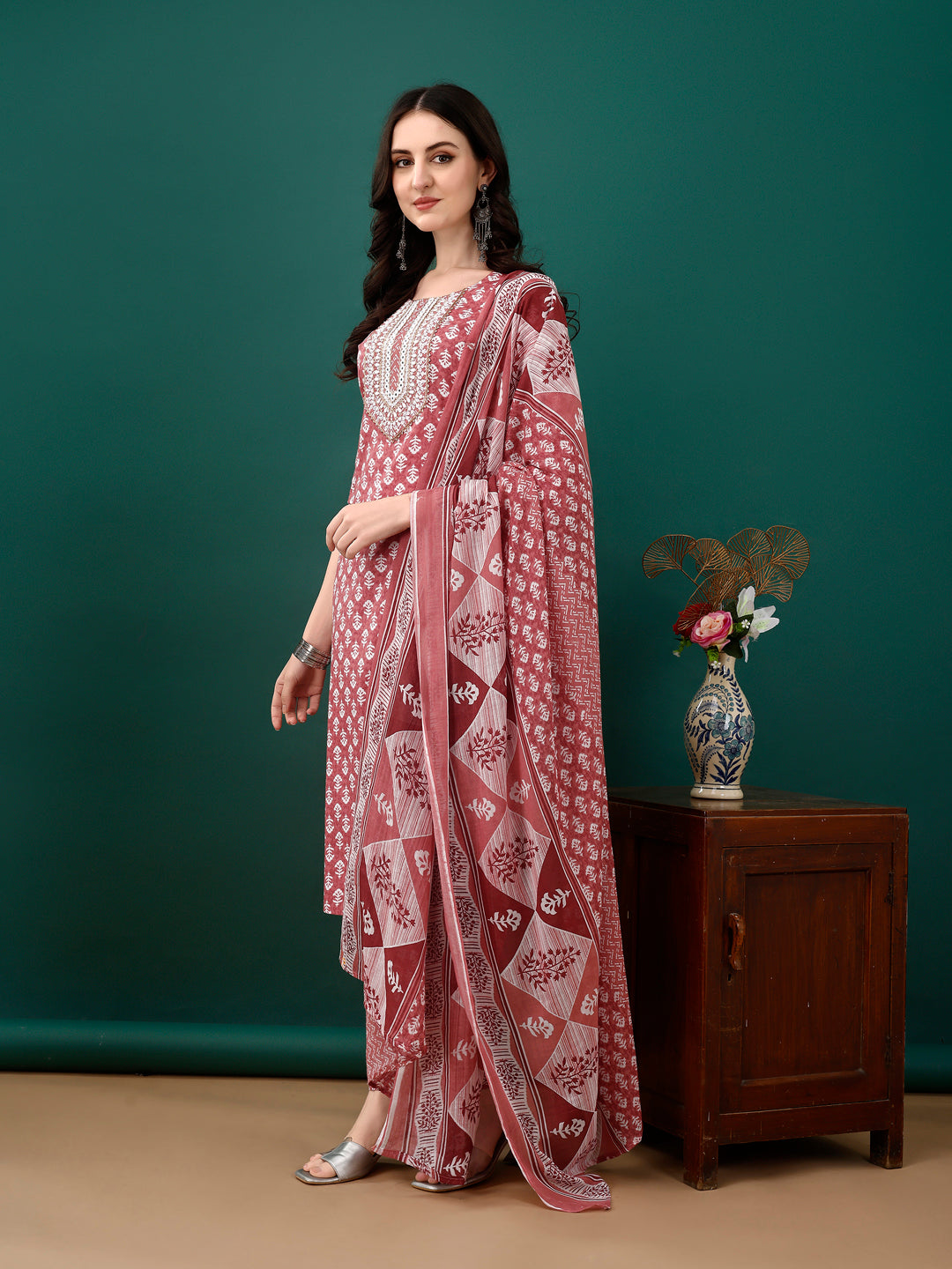 Embroidered & Printed Kurta With Pant & Dupatta, Pink - Hiral Fashion