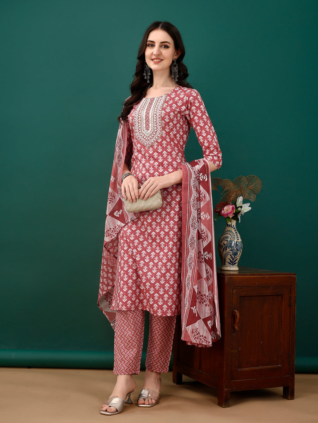Embroidered & Printed Kurta With Pant & Dupatta, Pink - Hiral Fashion