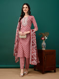 Embroidered & Printed Kurta With Pant & Dupatta, Pink - Hiral Fashion