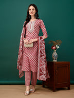 Embroidered & Printed Kurta With Pant & Dupatta, Pink - Hiral Fashion