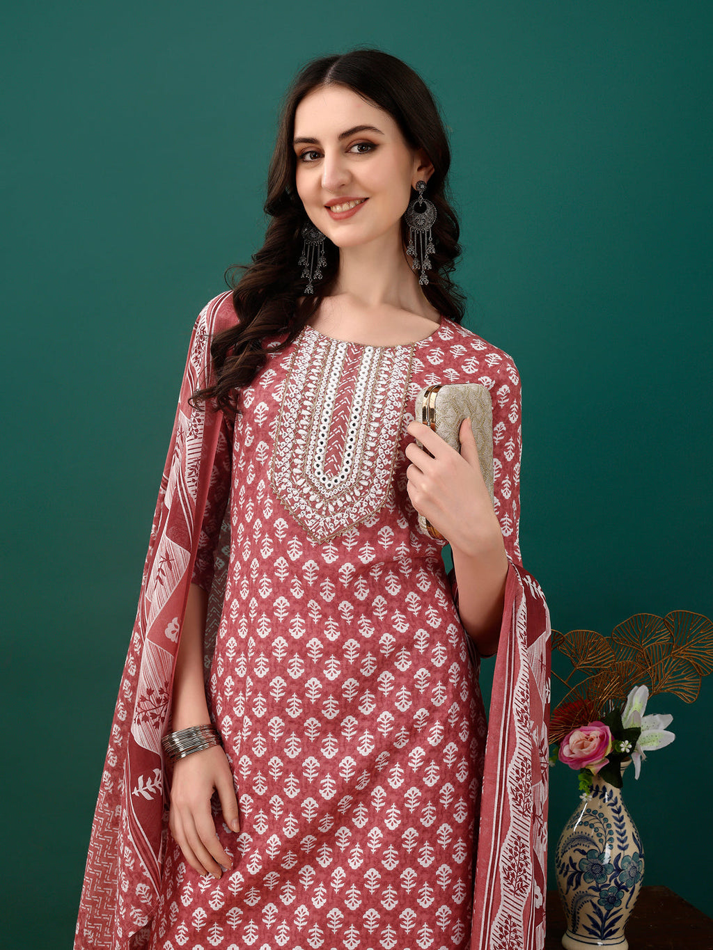 Embroidered & Printed Kurta With Pant & Dupatta, Pink - Hiral Fashion