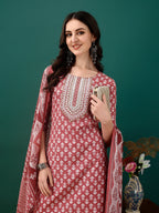 Embroidered & Printed Kurta With Pant & Dupatta, Pink - Hiral Fashion