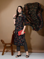 Floral Printed Kurta With Pant & Dupatta, Black - Hiral Fashion