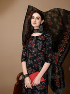 Floral Printed Kurta With Pant & Dupatta, Black - Hiral Fashion