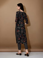 Floral Printed Kurta With Pant & Dupatta, Black - Hiral Fashion