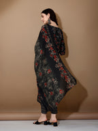 Floral Printed Kurta With Pant & Dupatta, Black - Hiral Fashion