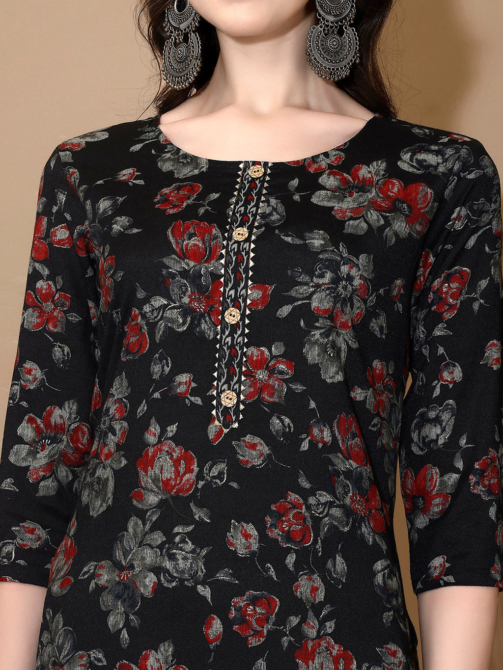 Floral Printed Kurta With Pant & Dupatta, Black - Hiral Fashion