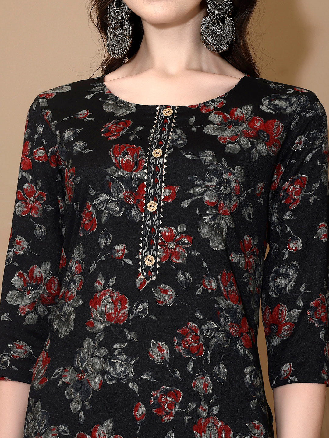 Floral Printed Kurta With Pant & Dupatta, Black - Hiral Fashion