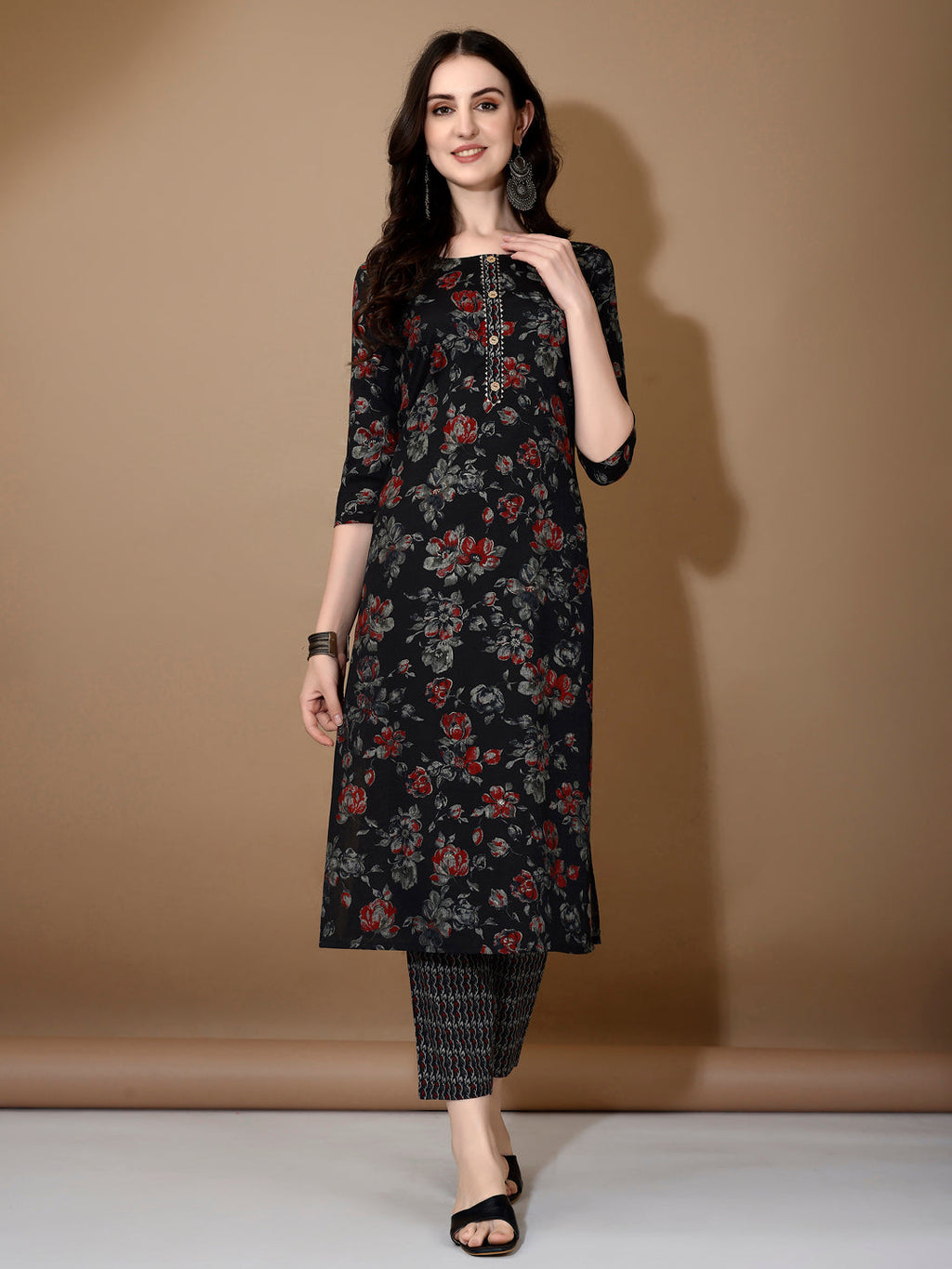 Floral Printed Kurta With Pant & Dupatta, Black - Hiral Fashion