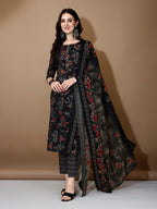 Floral Printed Kurta With Pant & Dupatta, Black - Hiral Fashion