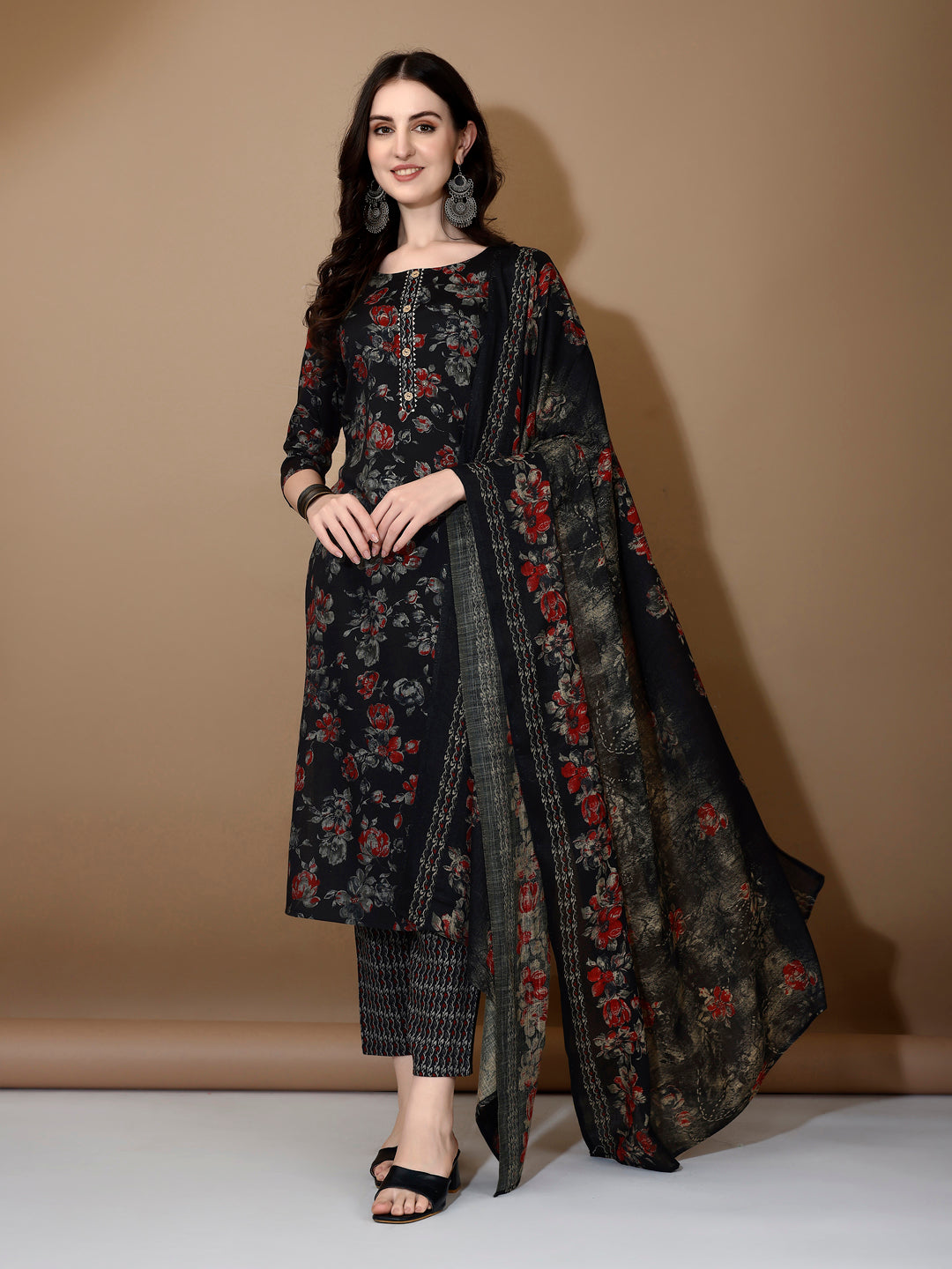Floral Printed Kurta With Pant & Dupatta, Black - Hiral Fashion