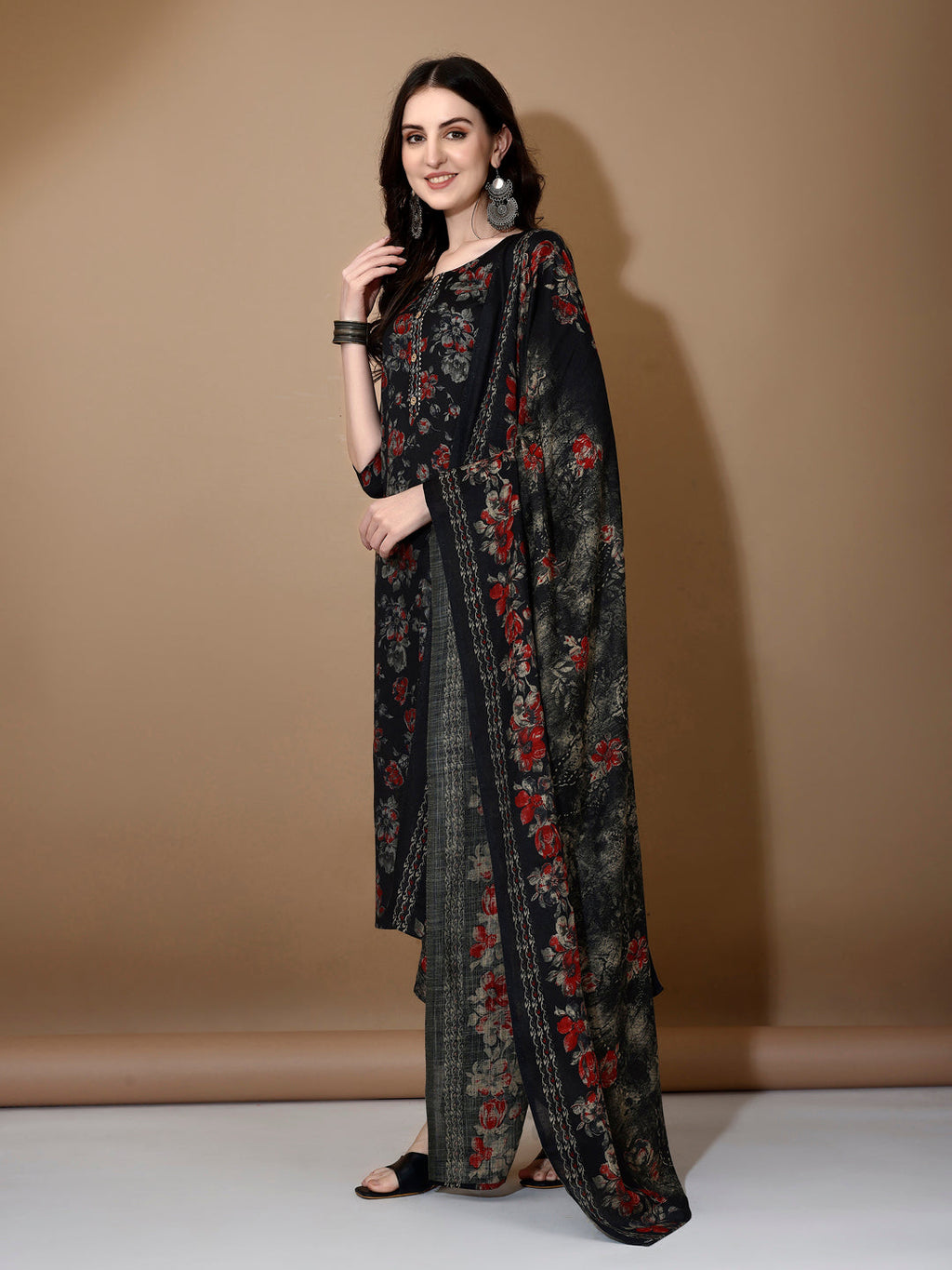 Floral Printed Kurta With Pant & Dupatta, Black - Hiral Fashion
