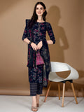 Floral Printed Kurta With Pant & Dupatta, Navy Blue - Hiral Fashion