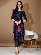 Floral Printed Kurta With Pant & Dupatta, Navy Blue - Hiral Fashion
