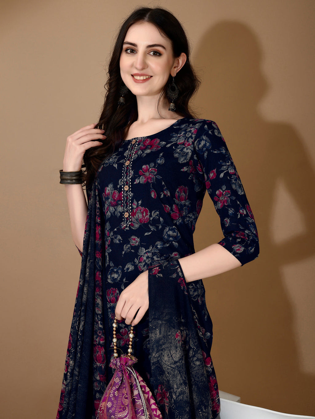Floral Printed Kurta With Pant & Dupatta, Navy Blue - Hiral Fashion