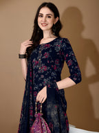 Floral Printed Kurta With Pant & Dupatta, Navy Blue - Hiral Fashion