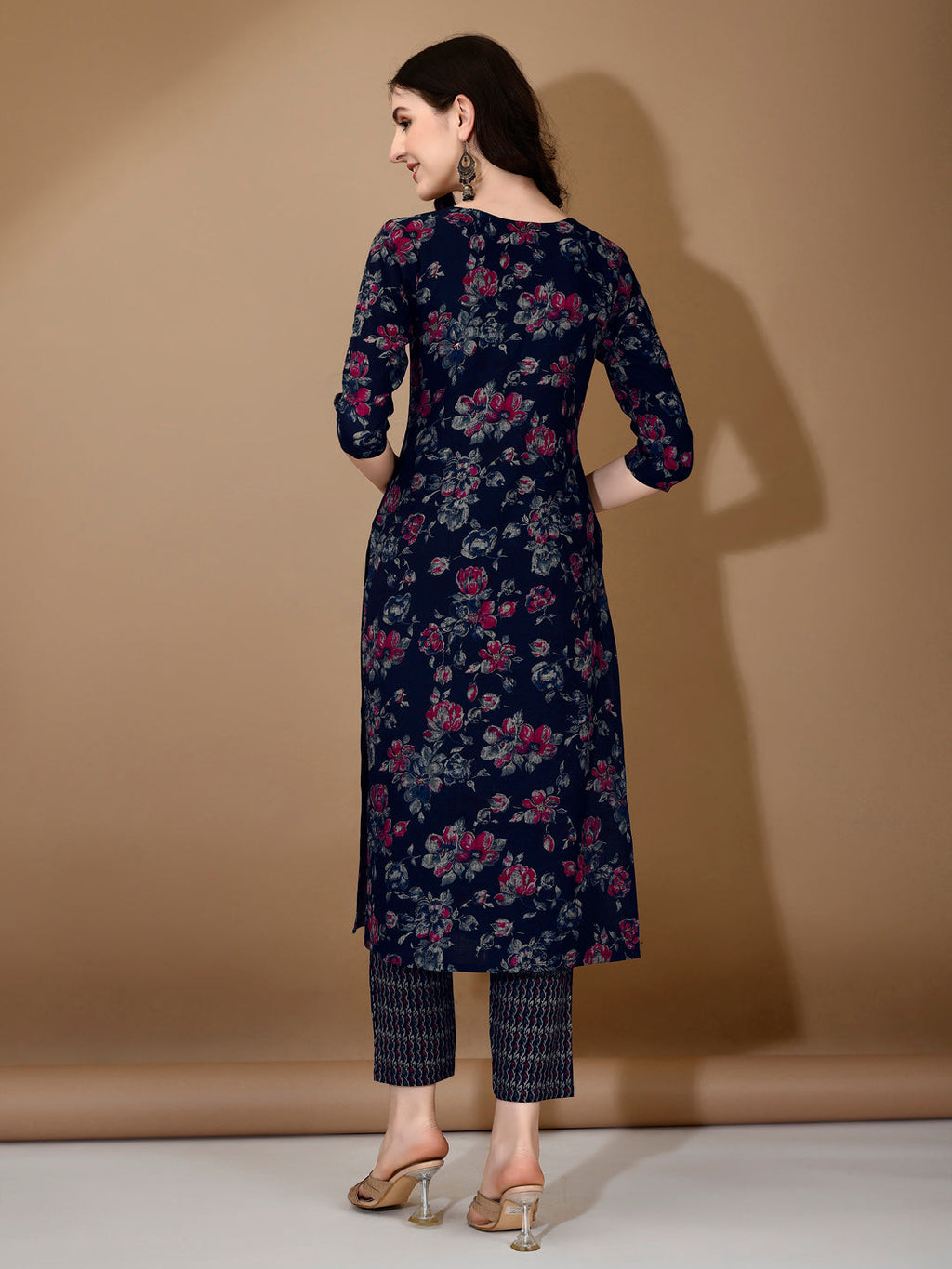 Floral Printed Kurta With Pant & Dupatta, Navy Blue - Hiral Fashion