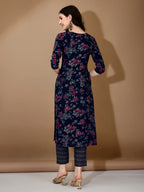 Floral Printed Kurta With Pant & Dupatta, Navy Blue - Hiral Fashion