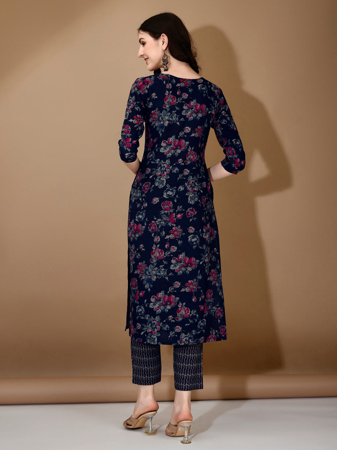 Floral Printed Kurta With Pant & Dupatta, Navy Blue - Hiral Fashion