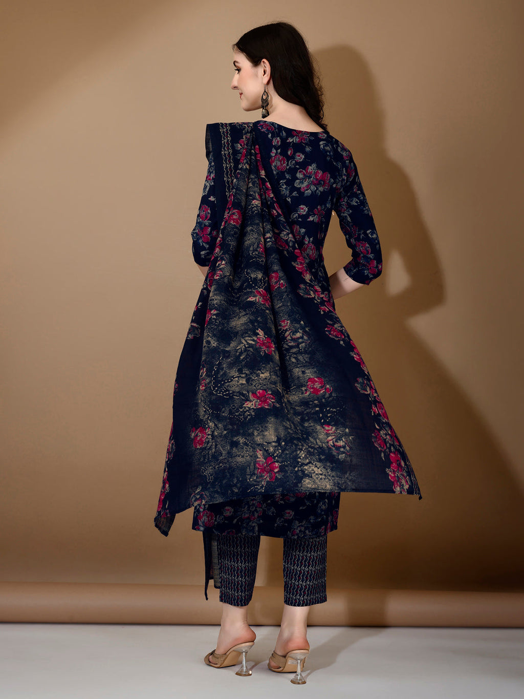 Floral Printed Kurta With Pant & Dupatta, Navy Blue - Hiral Fashion