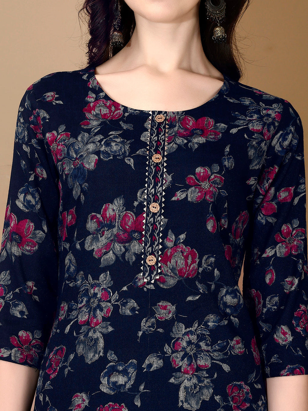 Floral Printed Kurta With Pant & Dupatta, Navy Blue - Hiral Fashion
