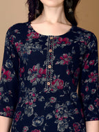 Floral Printed Kurta With Pant & Dupatta, Navy Blue - Hiral Fashion