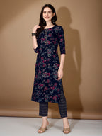 Floral Printed Kurta With Pant & Dupatta, Navy Blue - Hiral Fashion