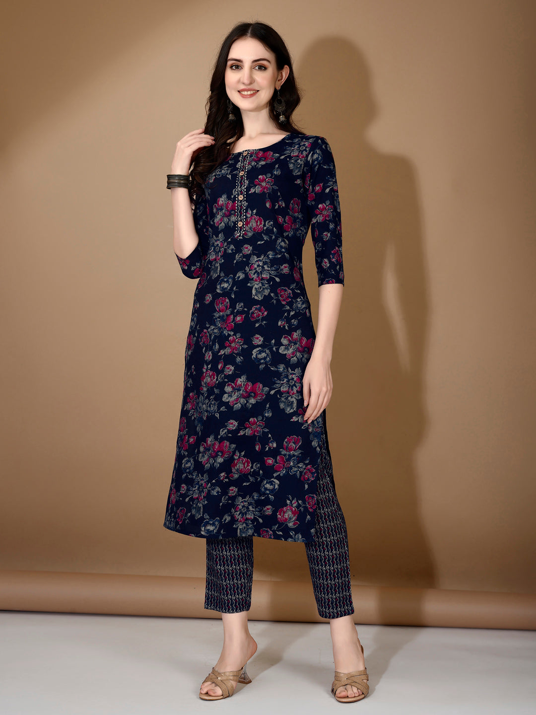 Floral Printed Kurta With Pant & Dupatta, Navy Blue - Hiral Fashion