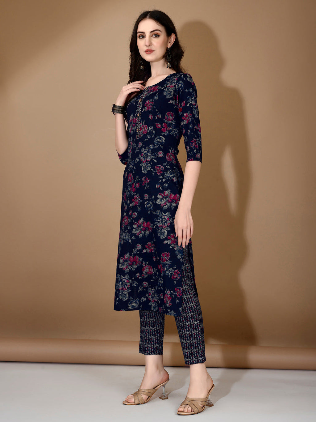 Floral Printed Kurta With Pant & Dupatta, Navy Blue - Hiral Fashion