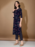 Floral Printed Kurta With Pant & Dupatta, Navy Blue - Hiral Fashion