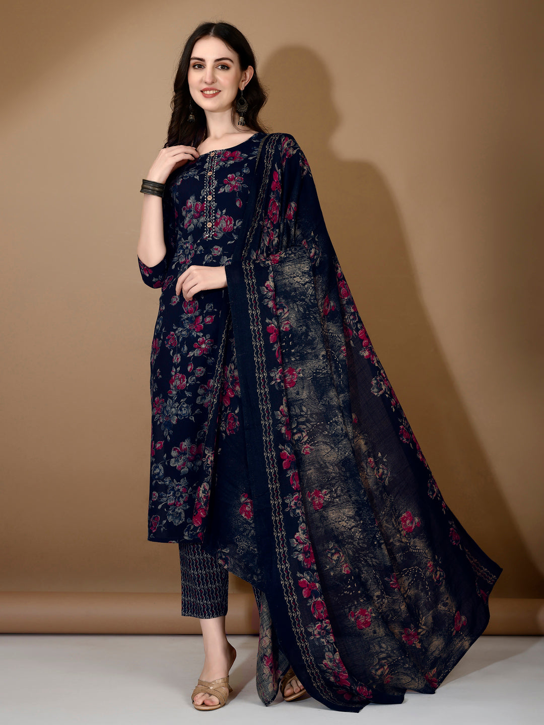 Floral Printed Kurta With Pant & Dupatta, Navy Blue - Hiral Fashion