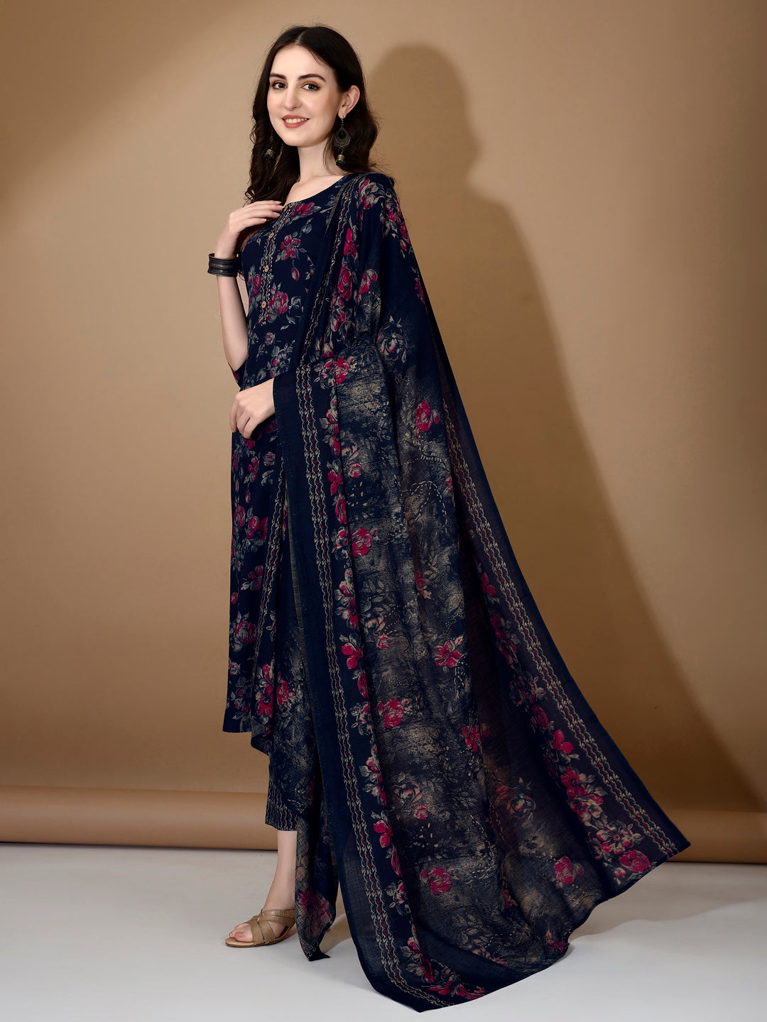 Floral Printed Kurta With Pant & Dupatta, Navy Blue - Hiral Fashion