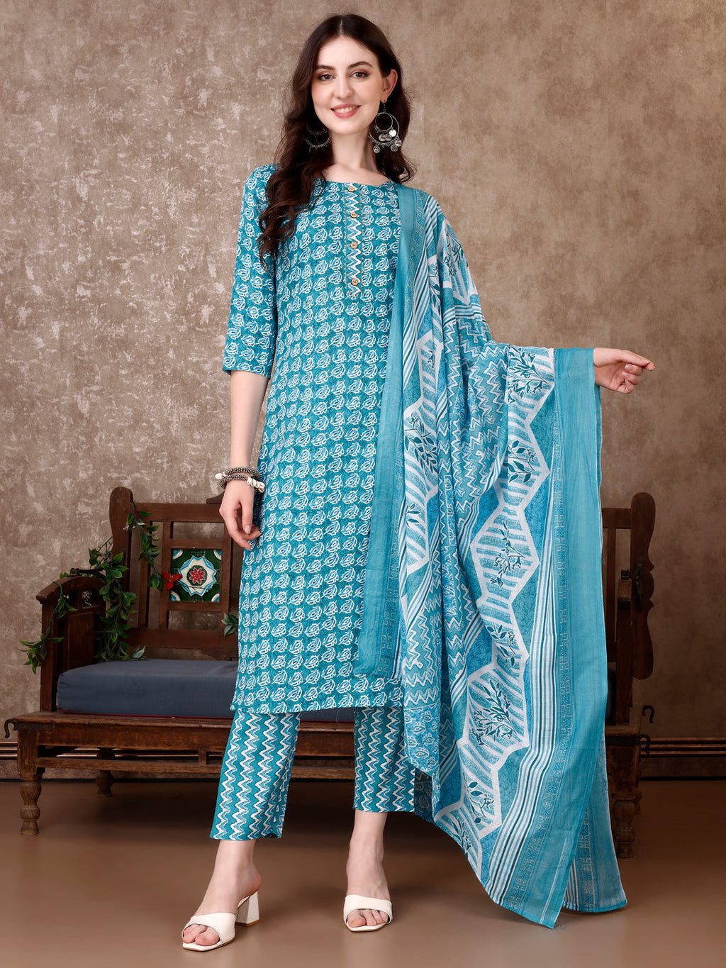 Leaf Printed Kurta With Printed Pant & Dupatta, Multicolor - Hiral Fashion - Distacart