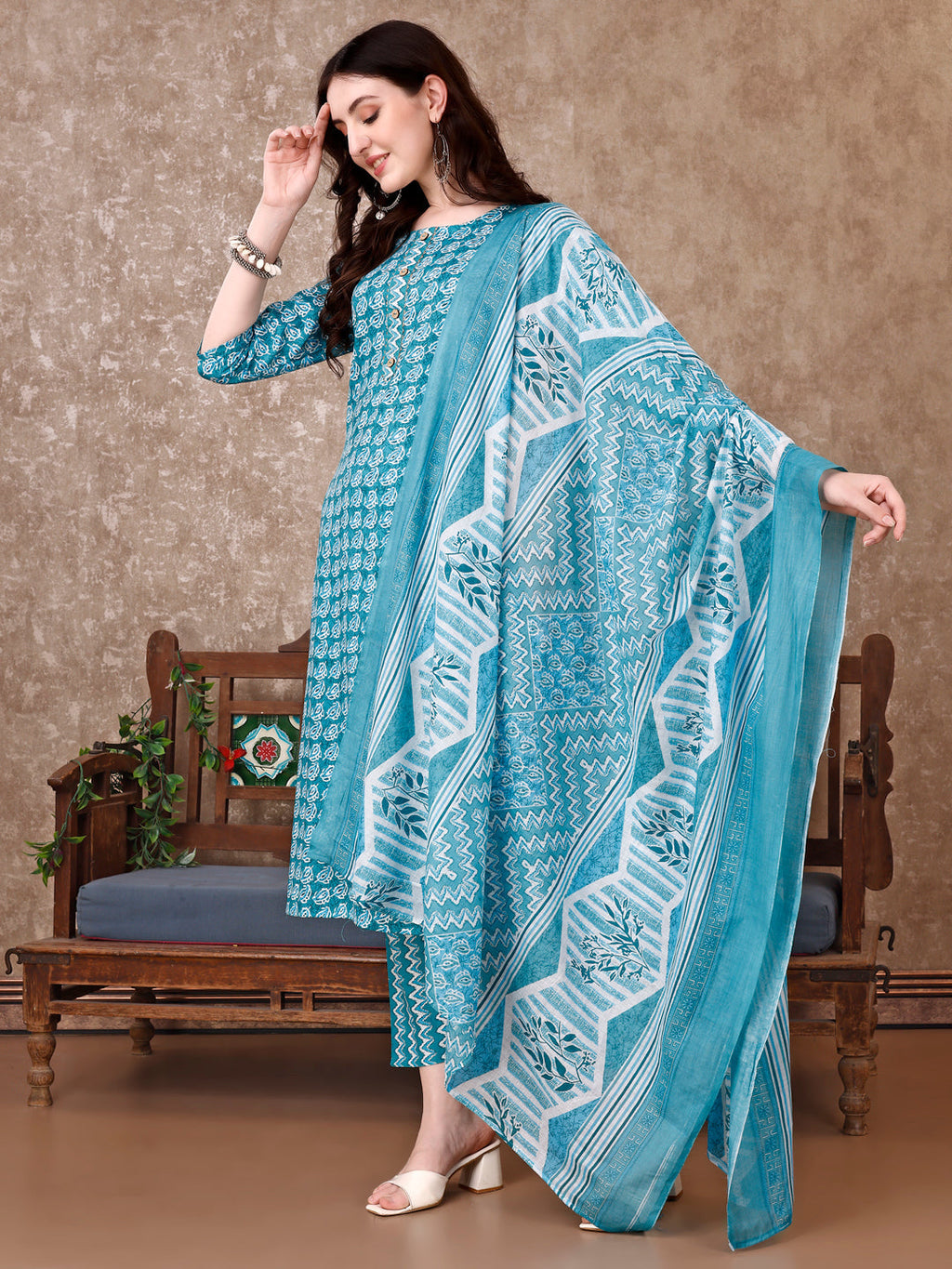 Leaf Printed Kurta With Printed Pant & Dupatta, Multicolor - Hiral Fashion - Distacart