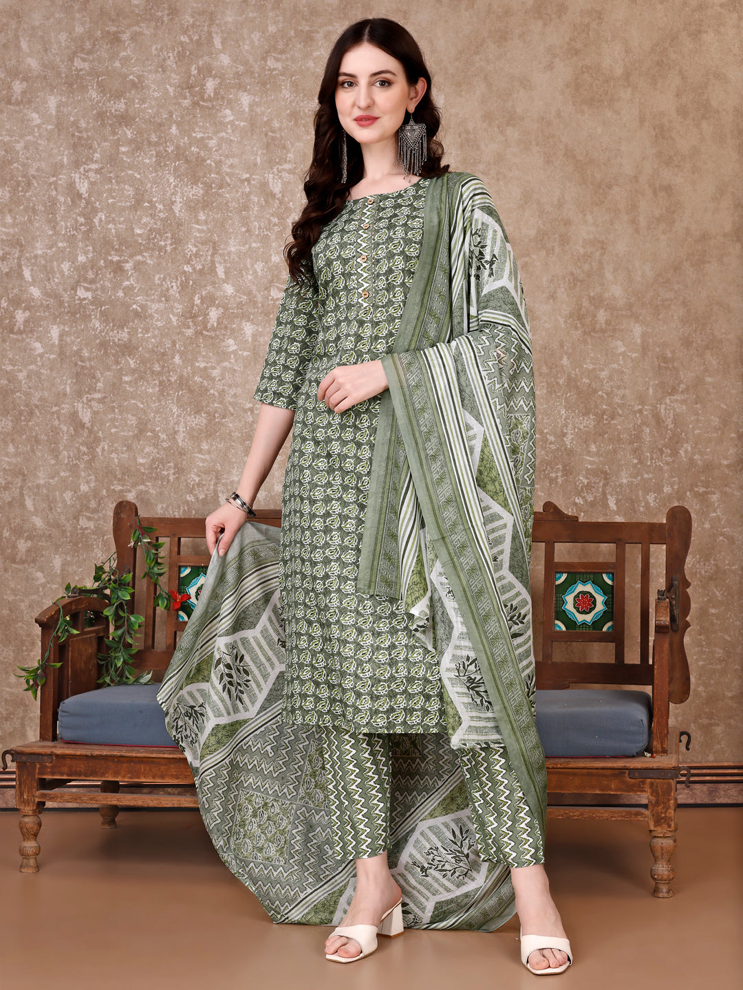 Leaf Printed Kurta With Printed Pant & Dupatta, Multicolor - Hiral Fashion - Distacart