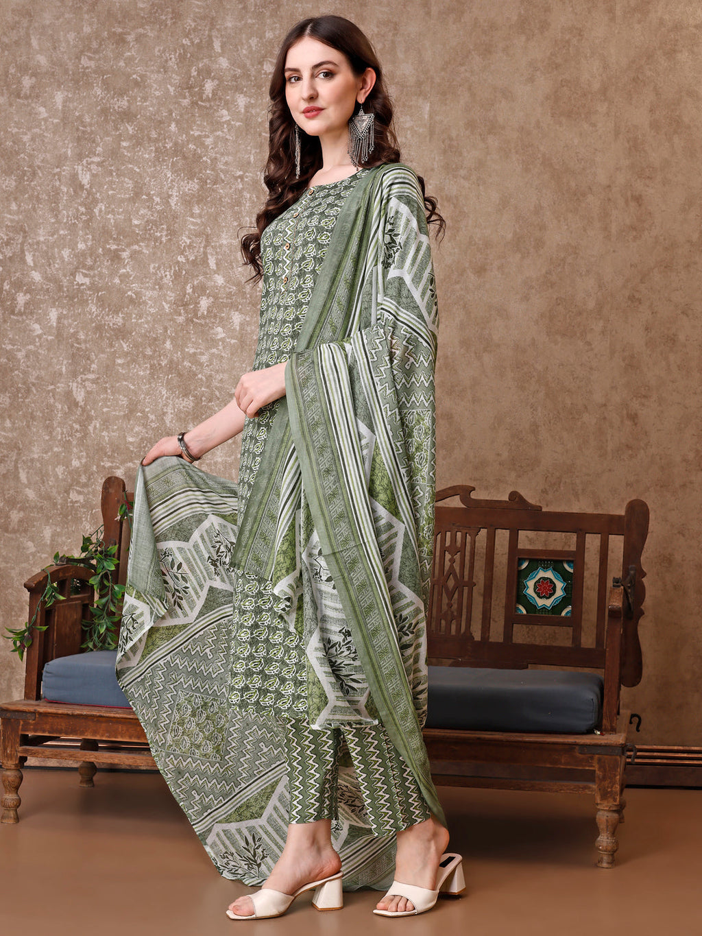 Leaf Printed Kurta With Printed Pant & Dupatta, Multicolor - Hiral Fashion - Distacart