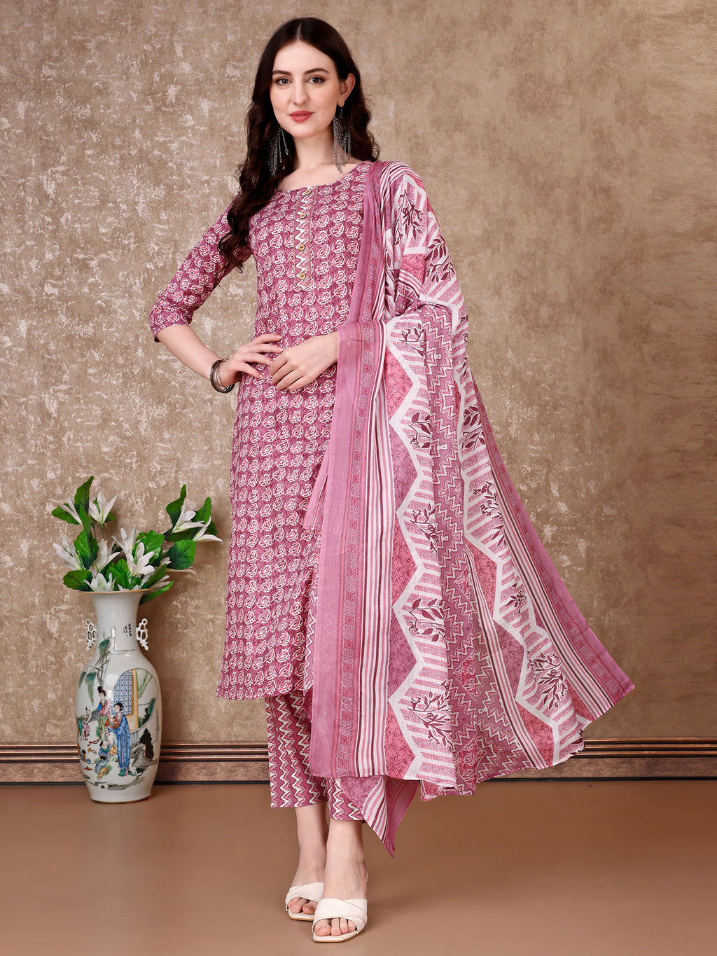 Leaf Printed Kurta With Printed Pant & Dupatta, Multicolor - Hiral Fashion - Distacart