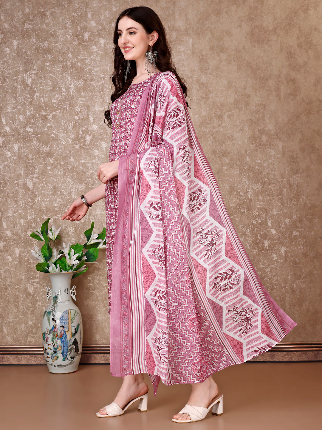 Leaf Printed Kurta With Printed Pant & Dupatta, Multicolor - Hiral Fashion - Distacart