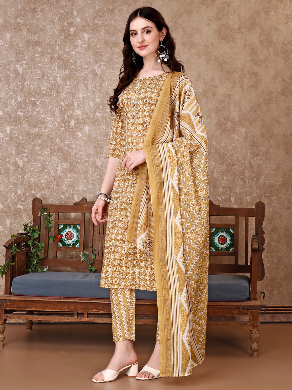 Leaf Printed Kurta With Printed Pant & Dupatta, Multicolor - Hiral Fashion - Distacart
