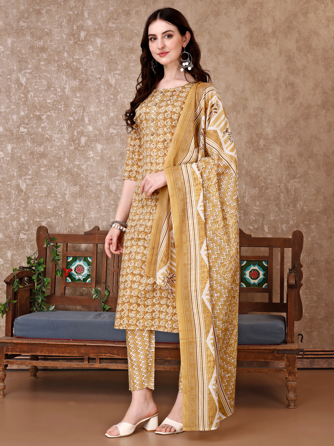 Leaf Printed Kurta With Printed Pant & Dupatta, Multicolor - Hiral Fashion - Distacart