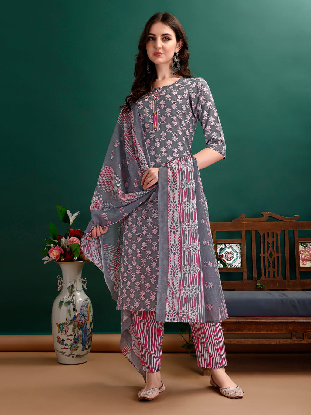 Ethnic Motifs Printed Kurta With Ethnic Motifs Printed Kurta With Printed Pant & Dupatta, Multicolor - Hiral Fashion