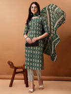 Ethnic Motifs Printed Kurta With Pant & Dupatta, Green - Hiral Fashion - Distacart