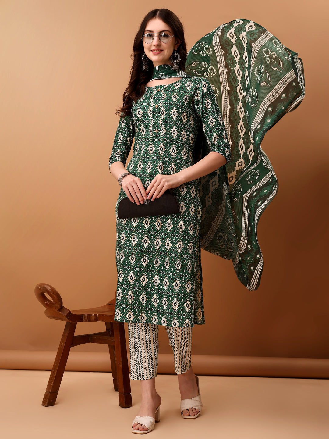 Ethnic Motifs Printed Kurta With Pant & Dupatta, Green - Hiral Fashion - Distacart