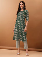 Ethnic Motifs Printed Kurta With Pant & Dupatta, Green - Hiral Fashion - Distacart