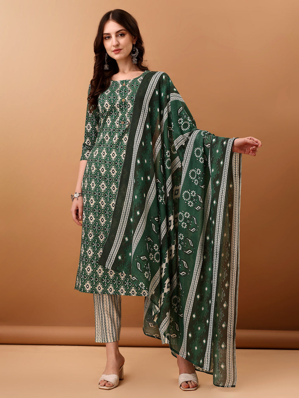 Ethnic Motifs Printed Kurta With Pant & Dupatta, Green - Hiral Fashion - Distacart