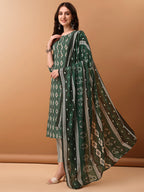 Ethnic Motifs Printed Kurta With Pant & Dupatta, Green - Hiral Fashion - Distacart