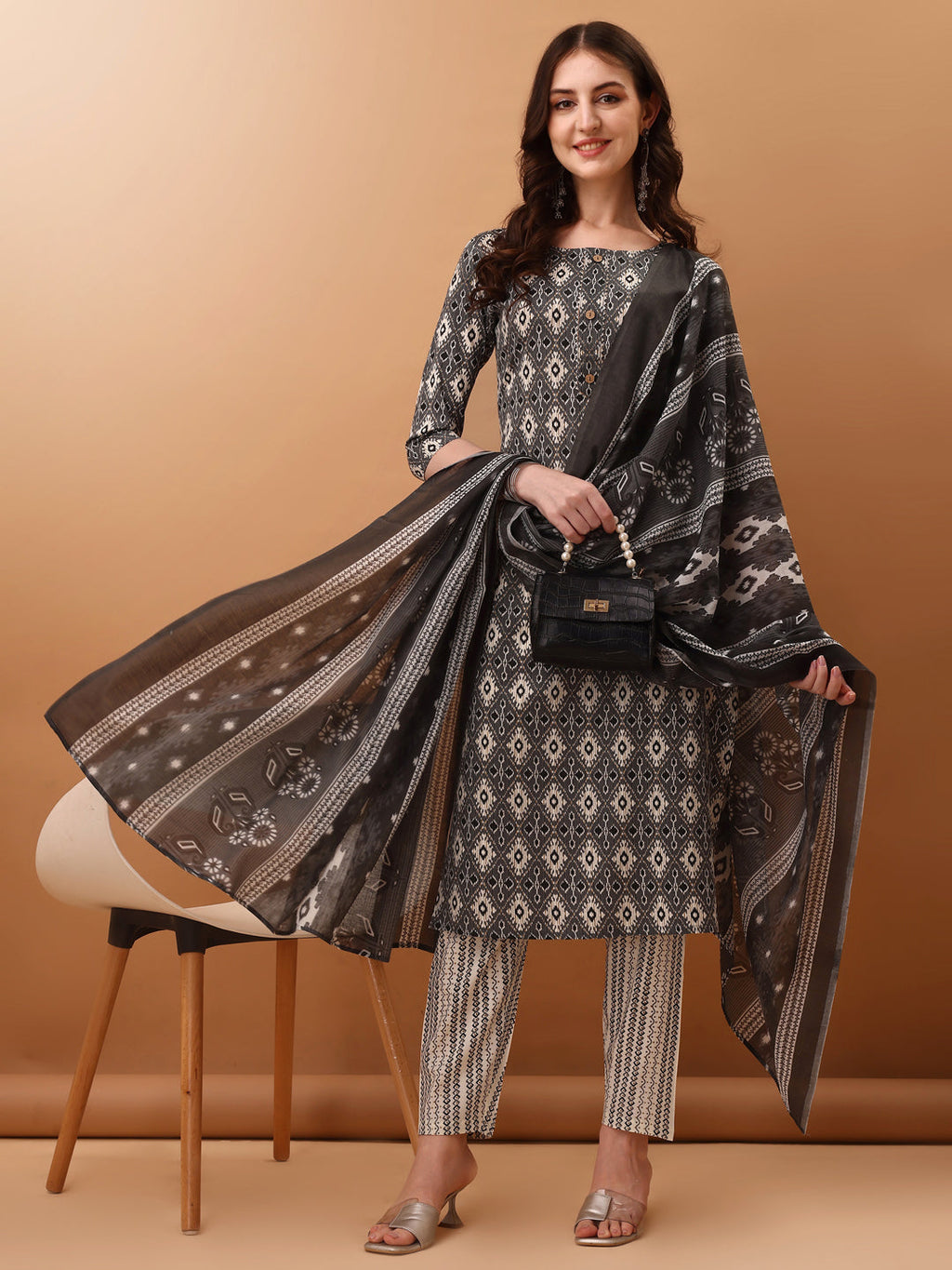 Ethnic Motifs Printed Kurta With Pant & Dupatta, Grey - Hiral Fashion - Distacart