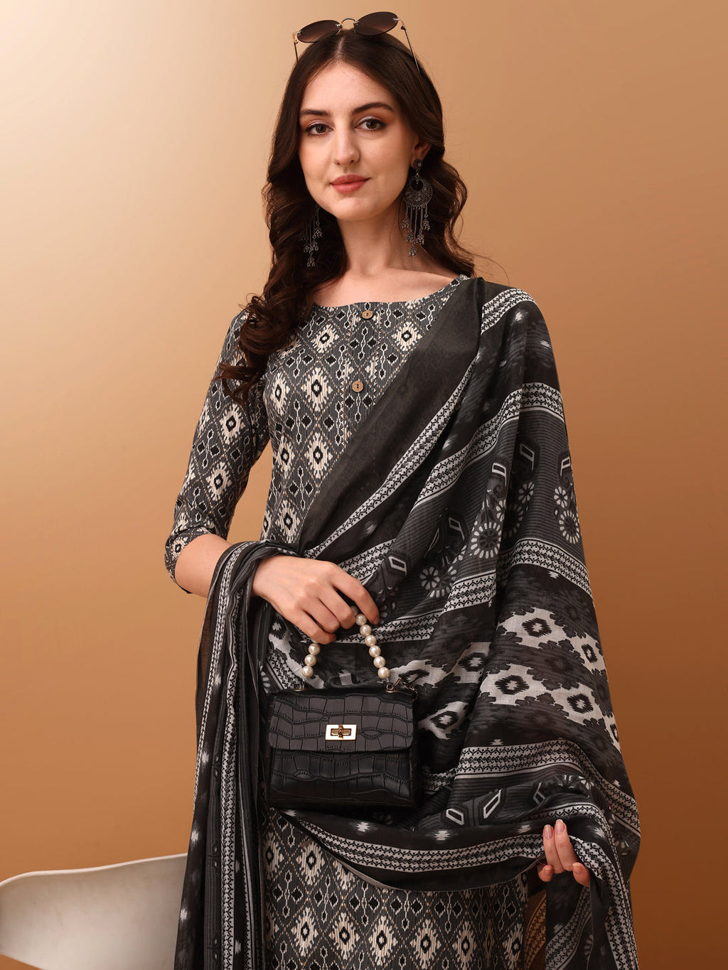Ethnic Motifs Printed Kurta With Pant & Dupatta, Grey - Hiral Fashion - Distacart