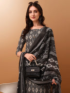 Ethnic Motifs Printed Kurta With Pant & Dupatta, Grey - Hiral Fashion - Distacart