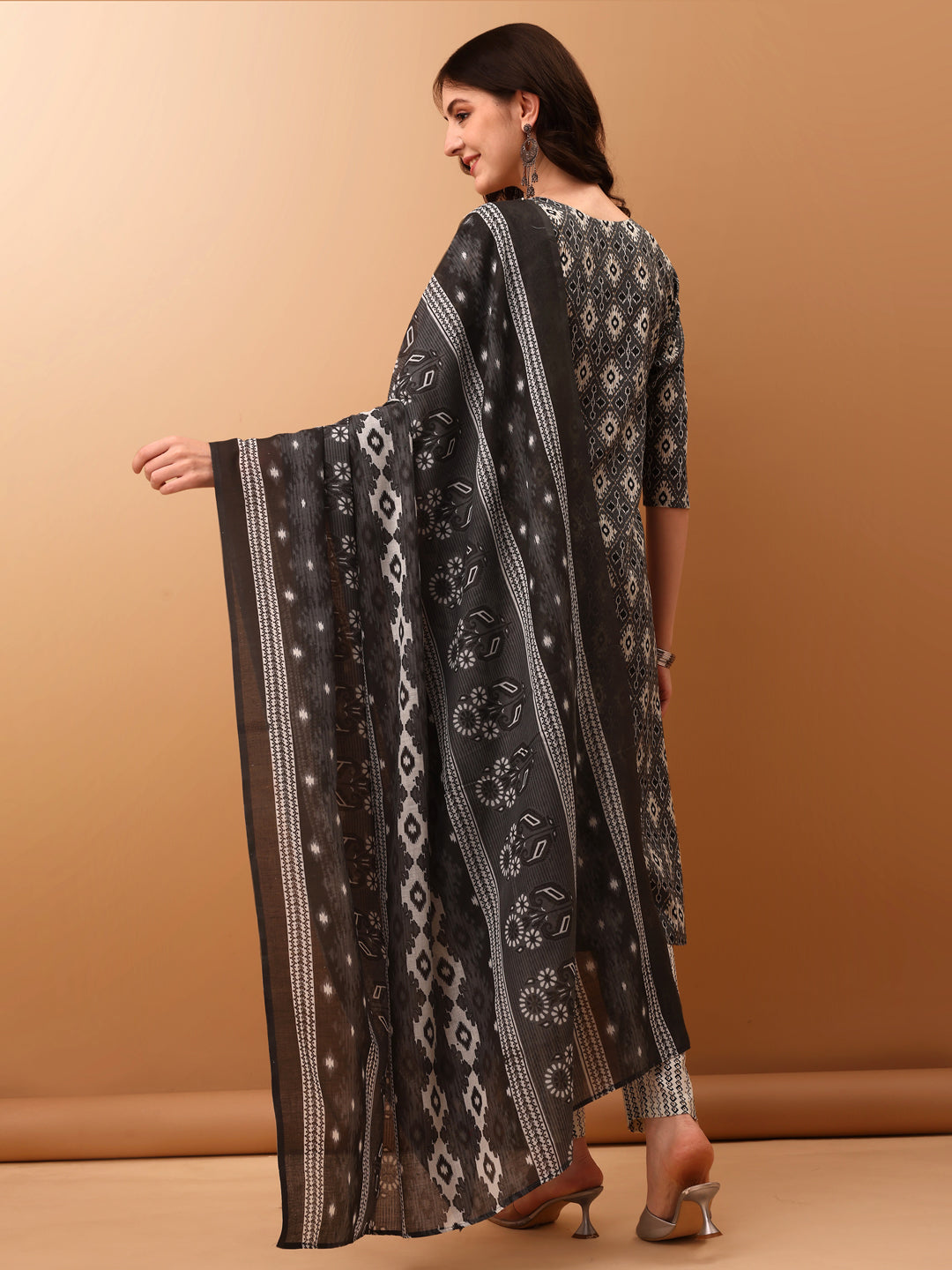 Ethnic Motifs Printed Kurta With Pant & Dupatta, Grey - Hiral Fashion - Distacart